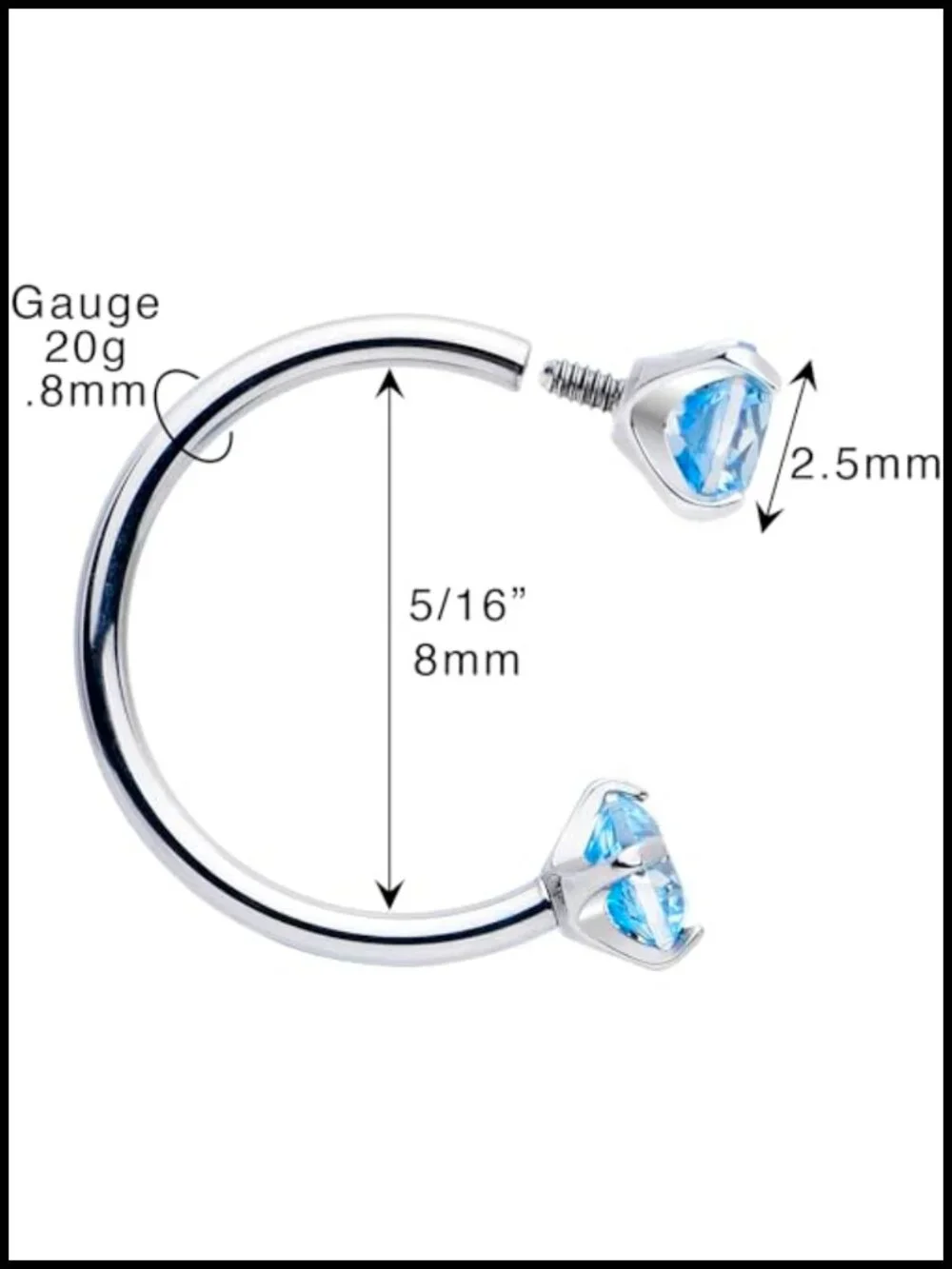 Double Gem Titanium Horseshoe Nose Ring Internally Threaded CZ Piercing